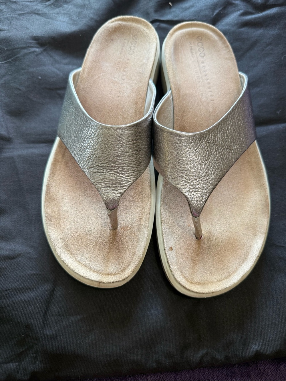 Ecco Women’s Corksphere Metallic Silver Leather Thong Sandals 9